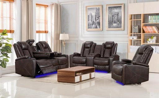 Party Time - 3 PC Modern Power Recliner Set With LED Lights, Adjustable Headrests & USB Ports