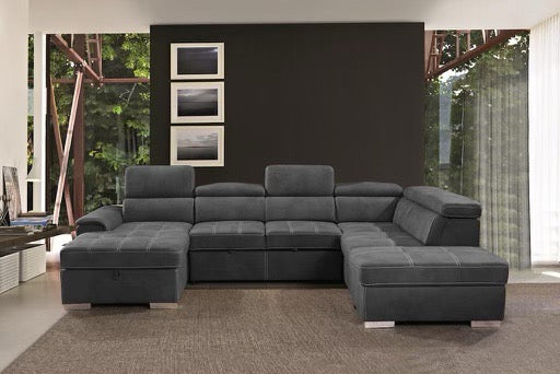 Kuzi - Modern Fabric Sofa Bed Sectional With Adjustable Headrests & Storage Chaise