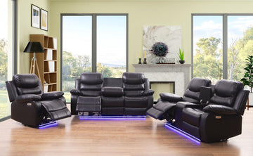 MONACO - 3 PC POWER RECLINER SET WITH DROP DOWN CUPHOLDER & LED LIGHTS