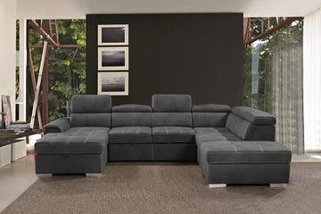 KUZI -MODERN FABRIC SOFA BED WITH ADJUSTABLE HEADRESTS AND STORAGE CHAISE