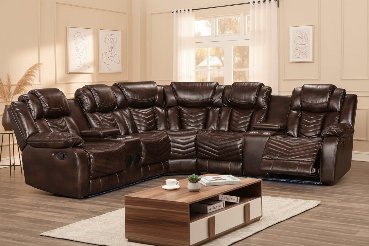 Concord - Home Theatre Power Recliner Corner Sectional With LED Lights & Bluetooth Speakers