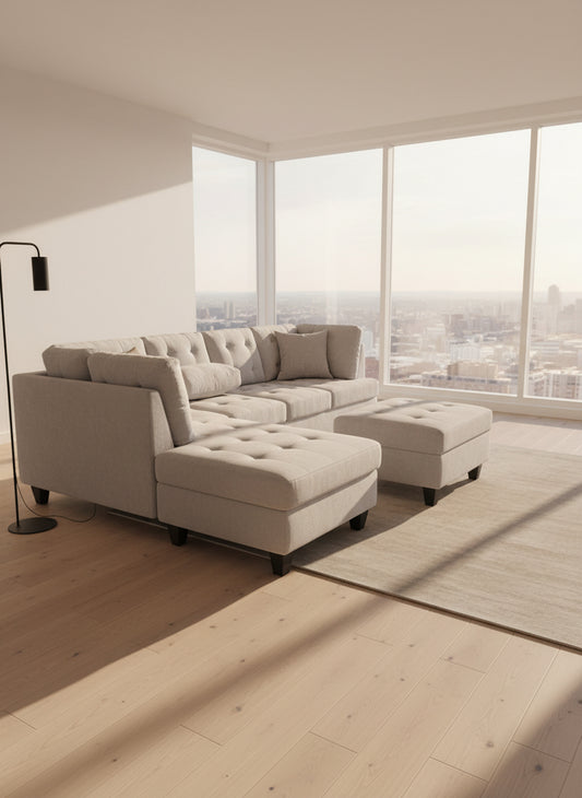 Aruba - Modern Fabric Sectional With Drop Down Cupholder & USB Ports (Light Grey)