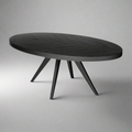 Black oval table with four legs on a white background