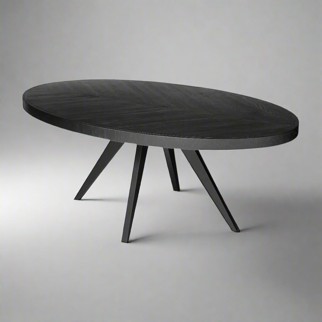 Black oval table with four legs on a white background