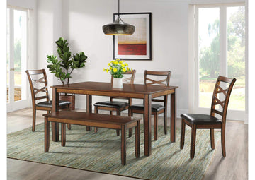 LIZ - MODERN 6 PC WOODY STYLE DINING SET WITH BENCH