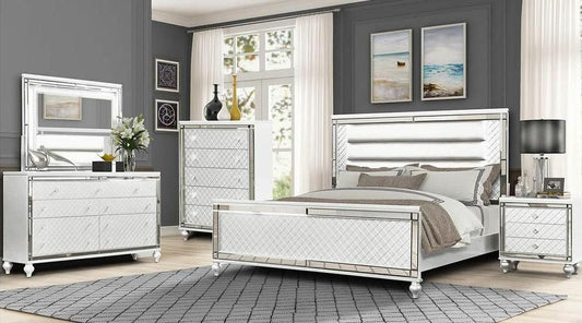 VERONICA - BEDROOM SET WITH MODERN FINISH, LEATHER HEADBOARD WITH LED LIGHTS AND MIRROR OUTLINES