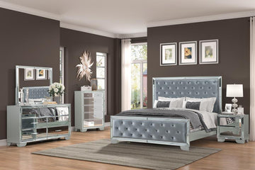 LISA 2.0  - 8 PC MODERN BEDROOM SET WITH VELVET HEADBOARD AND FOOTBOARD AND GLASS OUTLININGS