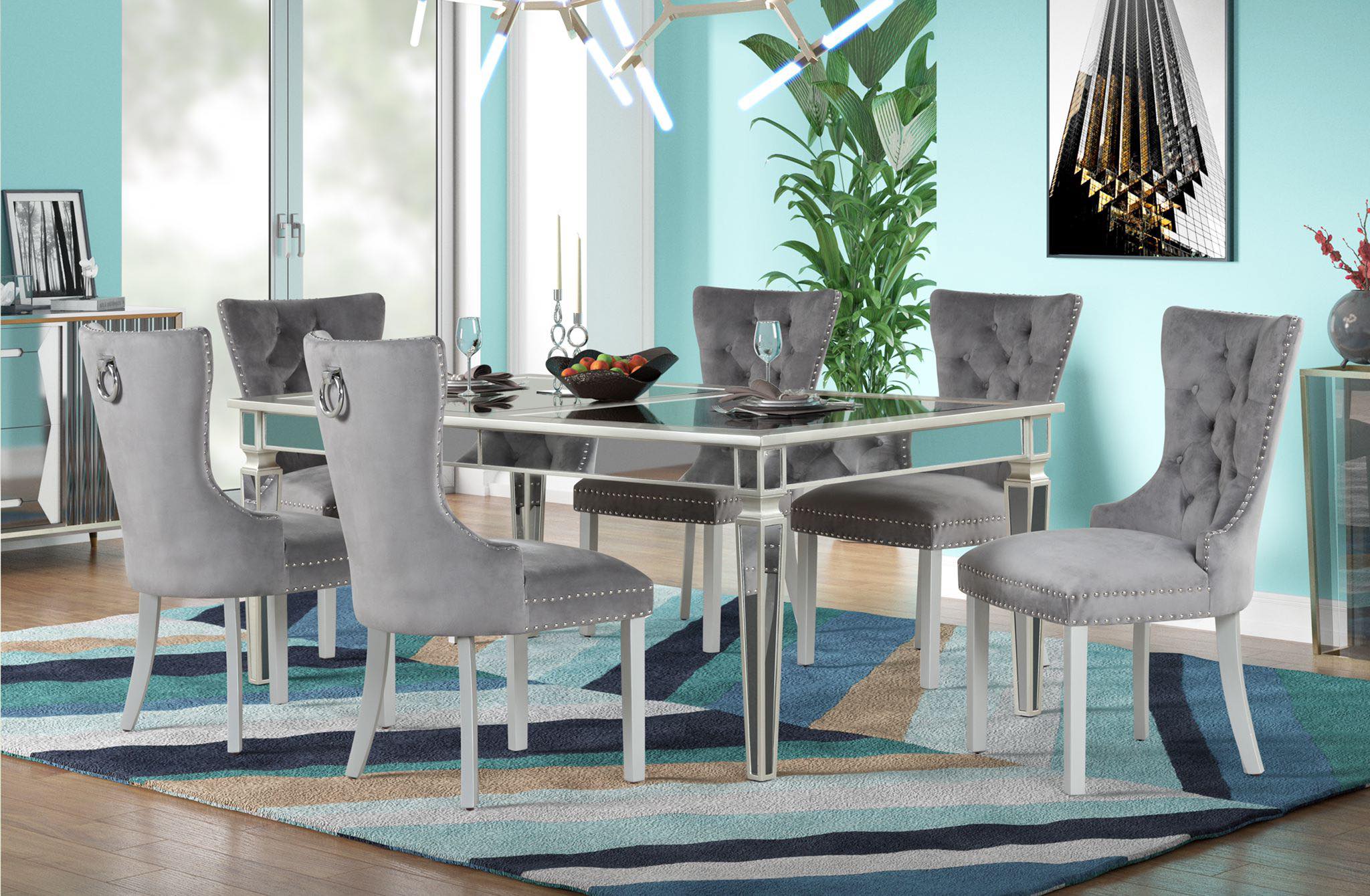 FANCY - MODERN 7 PC DINING SET WITH MIRROR INSERTS AND VELVET CHAIRS