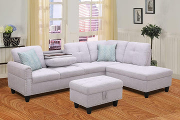 VENICE - COMPACT FABRIC SECTIONAL WITH DROP DOWN CUPHOLDER AND EMBEDDED STUDS