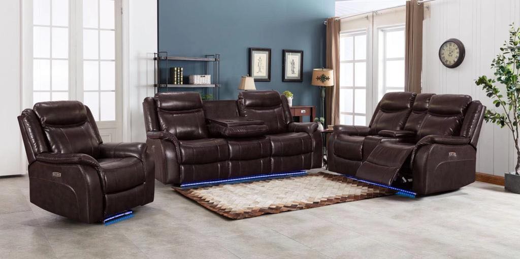 GENEVA - 3 PC MODERN POWER RECLINER SET WITH LED LIGHTS AND DROP DOWN CUPHOLDER