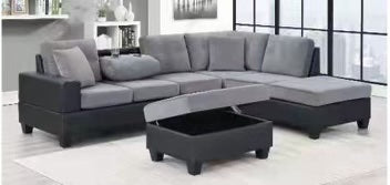 VINCENT -  REVERSIBLE TWO TONE VELVET SECTIONAL WITH DROP DOWN CUP HOLDER