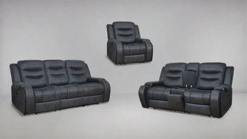 OSLO - 3 PC MODERN FABRIC POWER RECLINER SET WITH STOW AWAY CUPHOLDERS & USB PORTS - DARK GREY