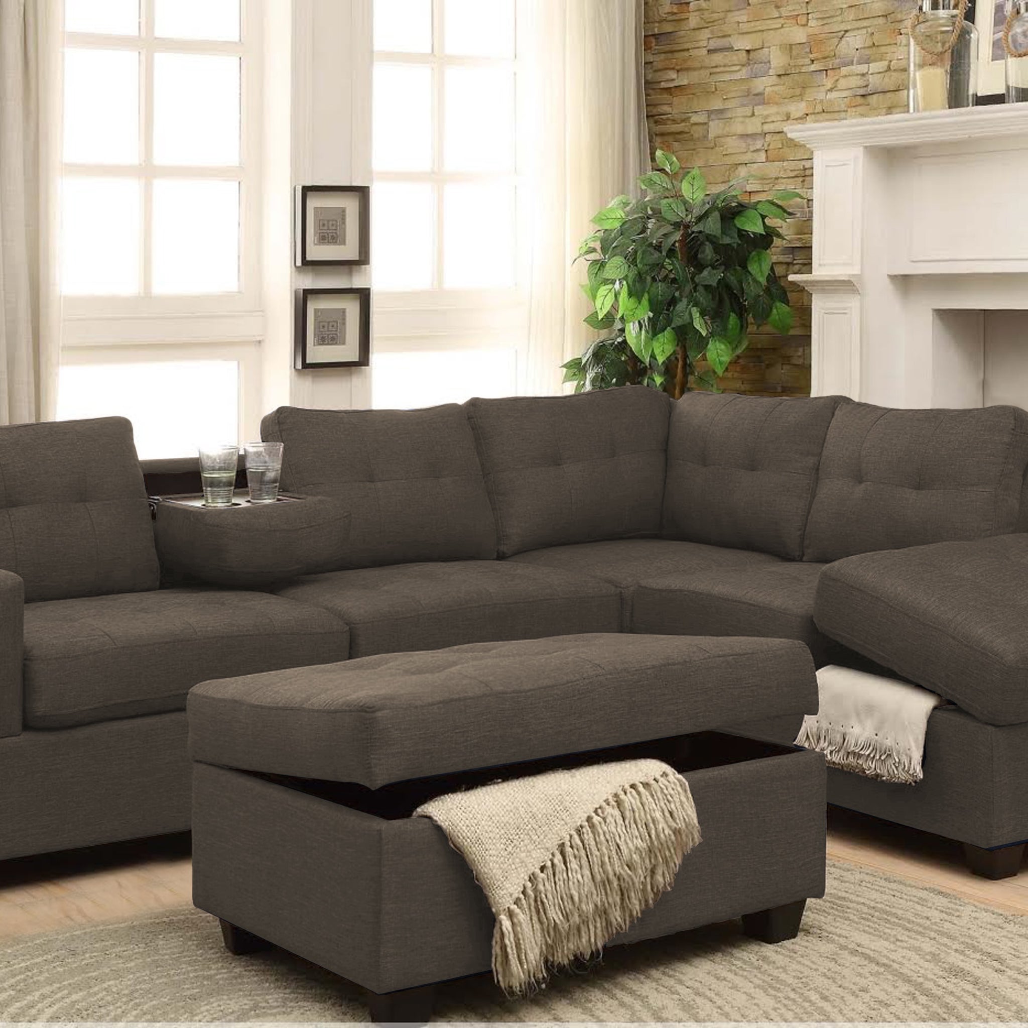 MADRID - FABRIC SECTIONAL WITH REVERSIBLE CHAISE AND DROP DOWN TRAY (GREY, BROWN, BLACK , BEIGE)