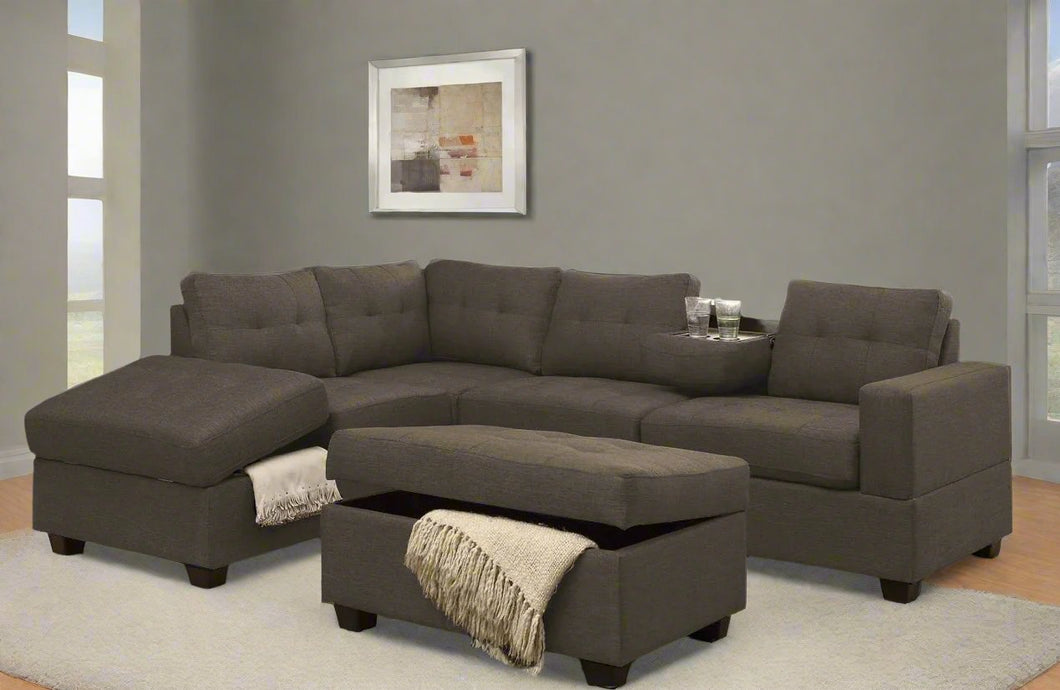 MADRID - FABRIC SECTIONAL WITH REVERSIBLE CHAISE AND DROP DOWN TRAY (GREY, BROWN, BLACK , BEIGE)