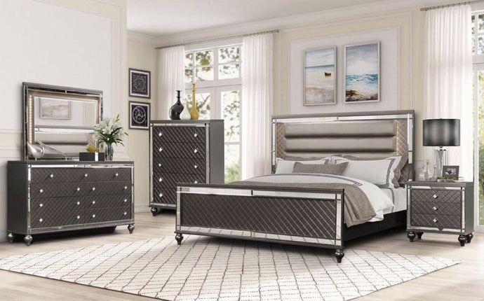 VERONICA - BEDROOM SET WITH MODERN FINISH, LEATHER HEADBOARD WITH LED LIGHTS AND MIRROR OUTLINES - 8 PC