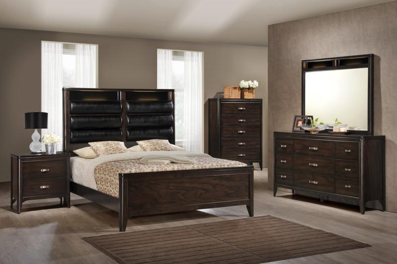 LINDSY - BEDROOM SET WITH LEATHER PADDED, STORAGE AND USB PORT HEADBOARD - 8 PC