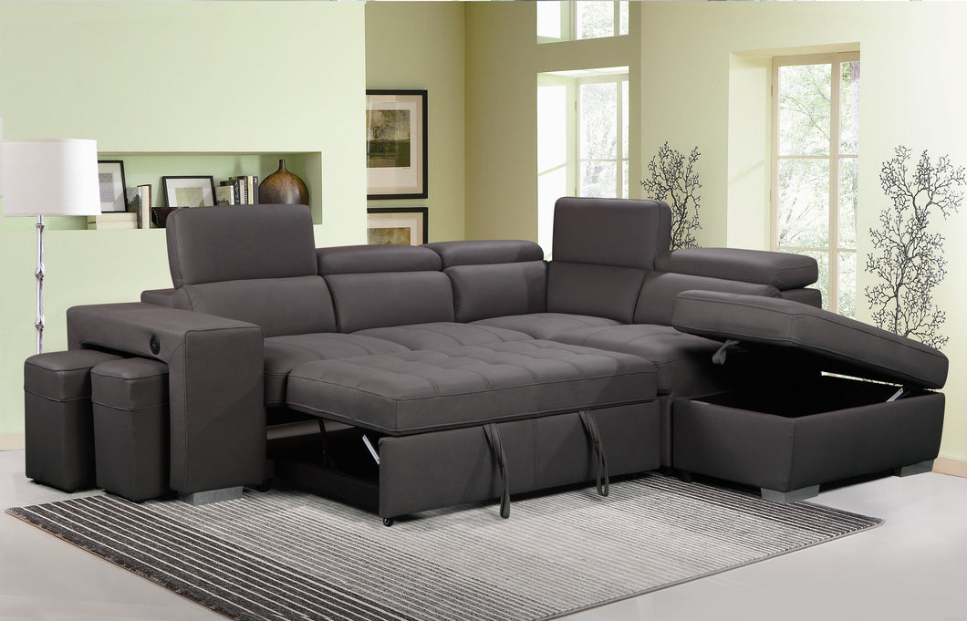 POSITANO - FABRIC SECTIONAL WITH PULL OUT BED, STORAGE OTTOMAN, TWO STOOLS