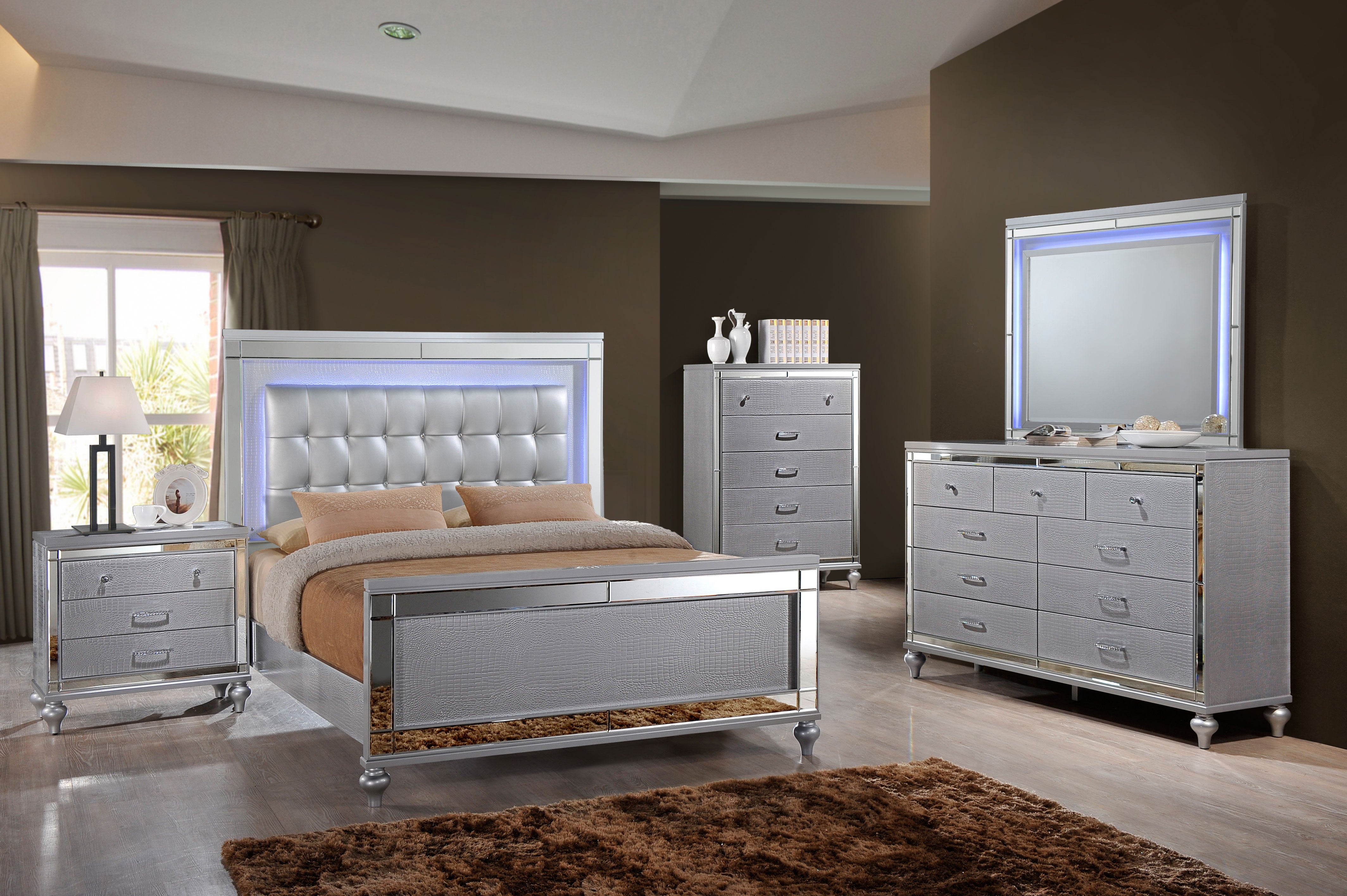 VALENTINO BEDROOM SET WITH TUFTED LEATHER HEADBOARD AND LED LIGHTS