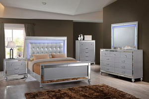 VALENTINO - BEDROOM SET WITH TUFTED LEATHER HEADBOARD AND LED LIGHTS - 8 PC